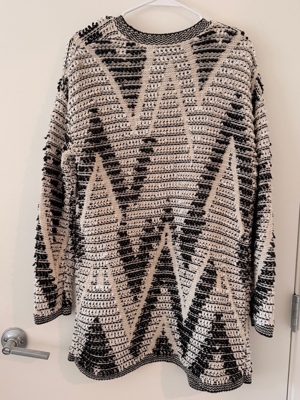 Lucky Brand Black Ivory Mixed Stitch Knit Open Front Cardigan Sweater M Boho - Picture 2 of 6